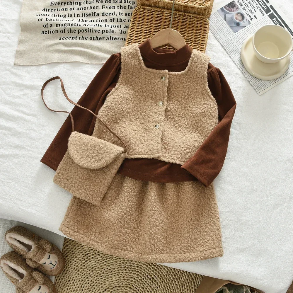 Fashion Autumn Clothes Brown Bottom Shirt+Teddy Velvet Tank Top+Half Skirt+Small Bag Four Piece Set for Girls Aged 3-7 Korean