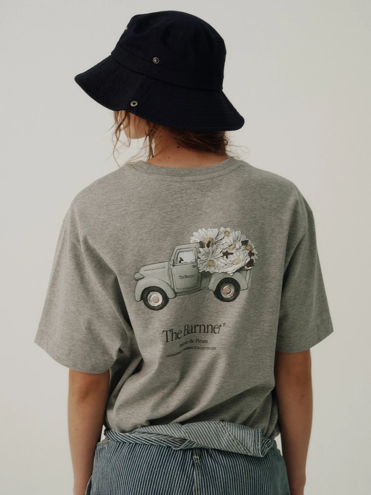 تي شيرت كلاسيكي بسيط بأكمام قصيرة مزين بالزهور للنساء فضفاض من القطن على الطراز الكوري برقبة دائرية وطول متوسط ​​للصيف