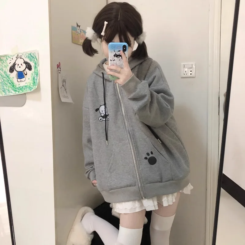 Japanese Cute Loose Long Sleeve Coat Kawaii Sweet Gray Hoodies with Hooded 2024 Autumn New Women Y2k Harajuku Casual Sweatshirts