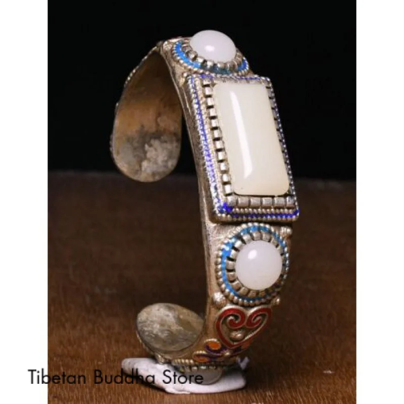 

7CM Antique Old Tibet Miao Silver Filigree inlay White Jade Bracelet Bangle