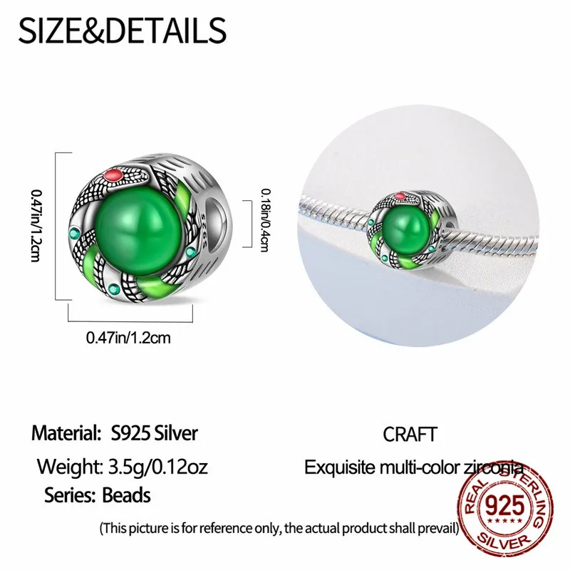 حبة قلادة على شكل ثعبان من الفضة الإسترليني عيار 925 ساحرة مع سوار أصلي لصنع هدية مجوهرات نسائية ذاتية الصنع #6