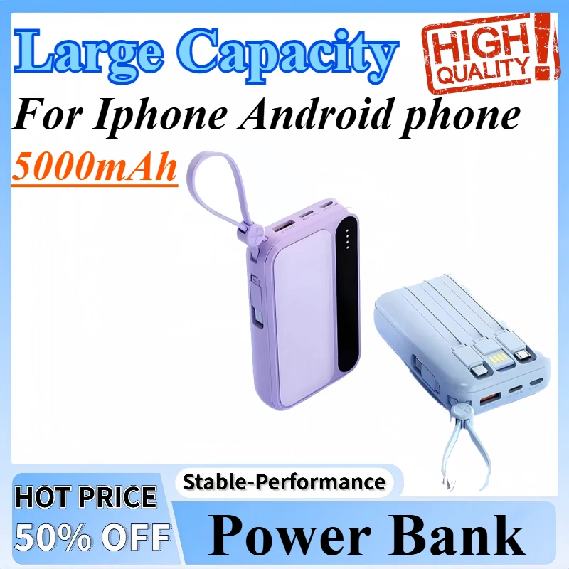 

5000mAh Power Bank Large Capacity Built in Cables Intelligent Digital Display Light Portable Battery For Iphone Android phone