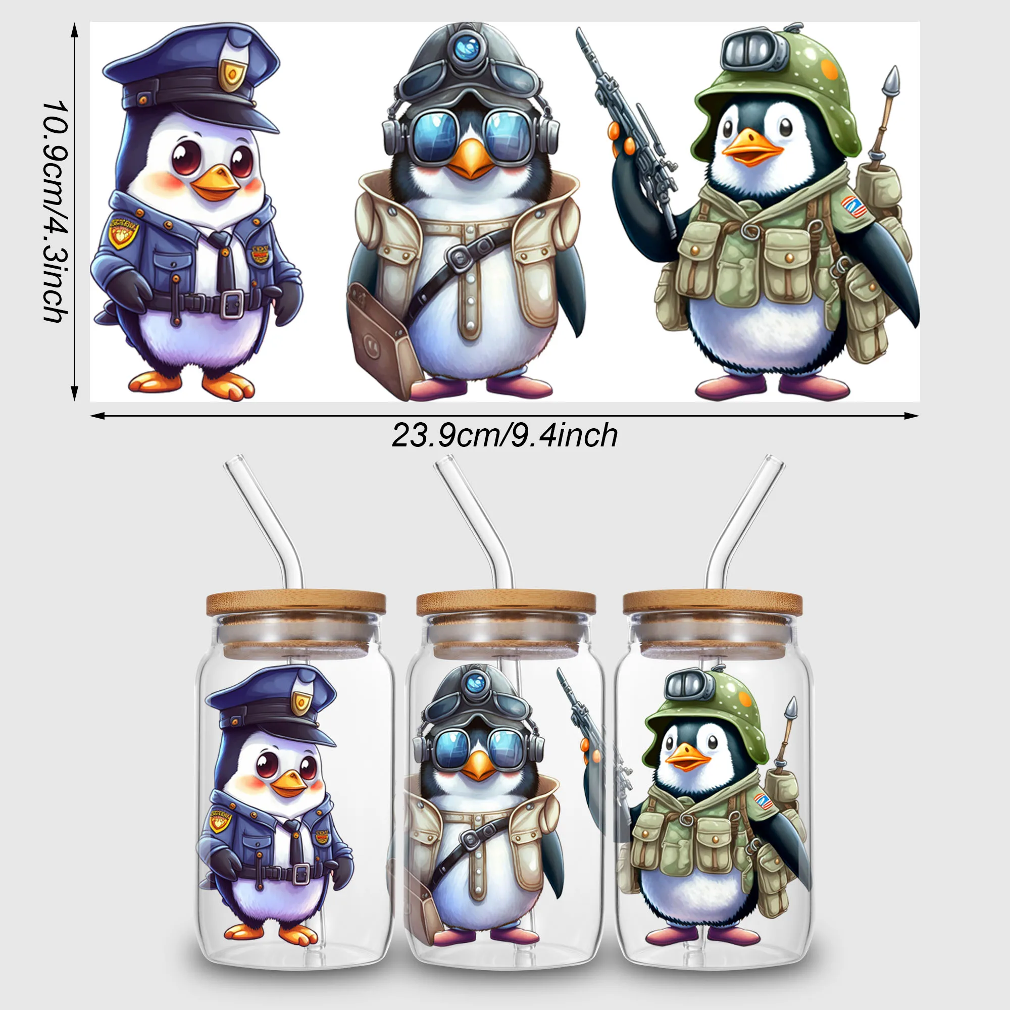 5 Sheets Penguin UV DTF Cup Stickers, Glass Movement DTF Transfer Stickers, Waterproof Wipe Transfers for 16 oz Glass, Mugs,