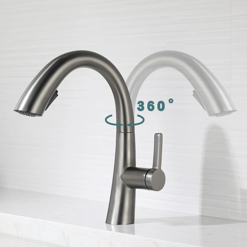 Single Hole Bathroom Pull Down Faucet Deck Mounted Two Function Basin Sink Faucet Modern 1 Handle Hot and Cold Mixer Taps Gray