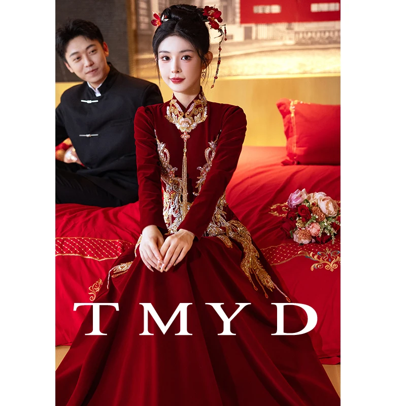 

Красное бархатное китайское платье для помолвки и свадебной церемонии с длинными рукавами для женщин, винтажное приталенное платье