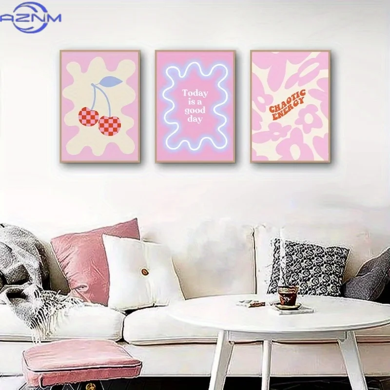 3pcs Pink Cherry Quotes Wall Art - Nordic Anime Suitable for Style Frameless Canvas Posters, Spring Motivational Paintings for R