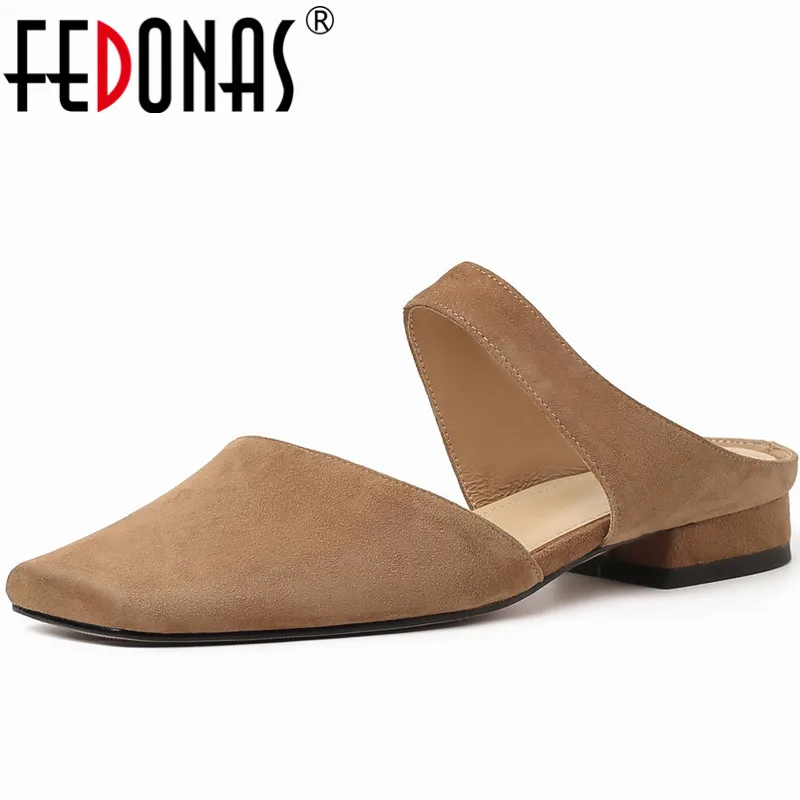 FEDONAS 2024 Retro Style Women Pumps Low Heels Slippers Square Toe Mature Party Casual Genuine Leather Spring Summer Shoes Woman