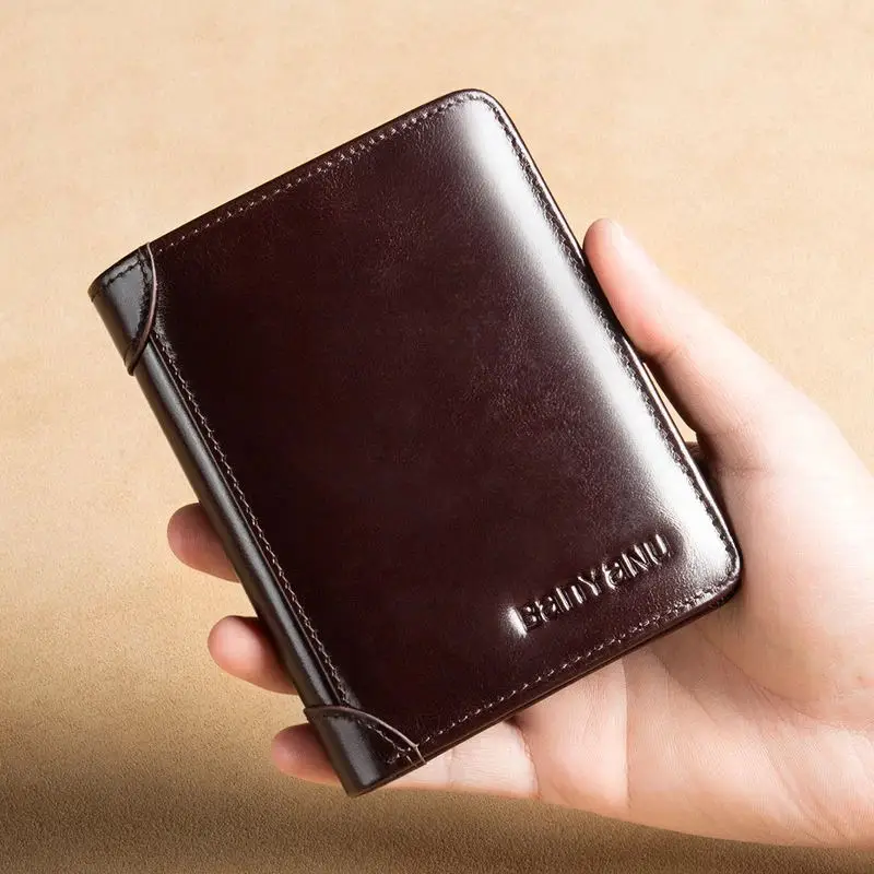 

New Design RFID Men's Wallet Genuine Leather Vintage Black Purse For Men Mini Card Holder Male Short Wallet 3 folds