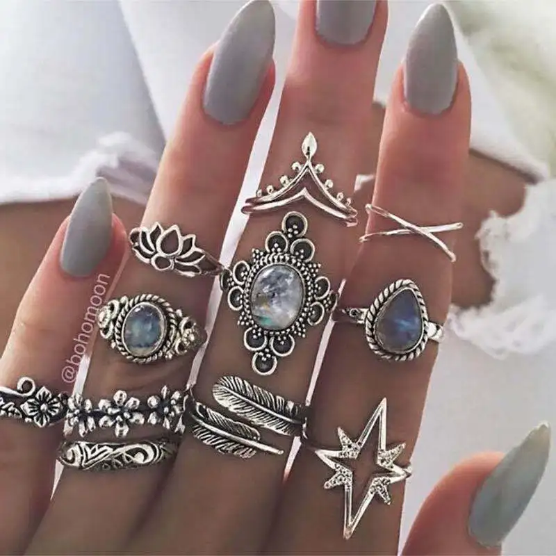 European and American cross-border new products, retro diamond-set engraved starry sky gemstone 11-piece combination set, joint