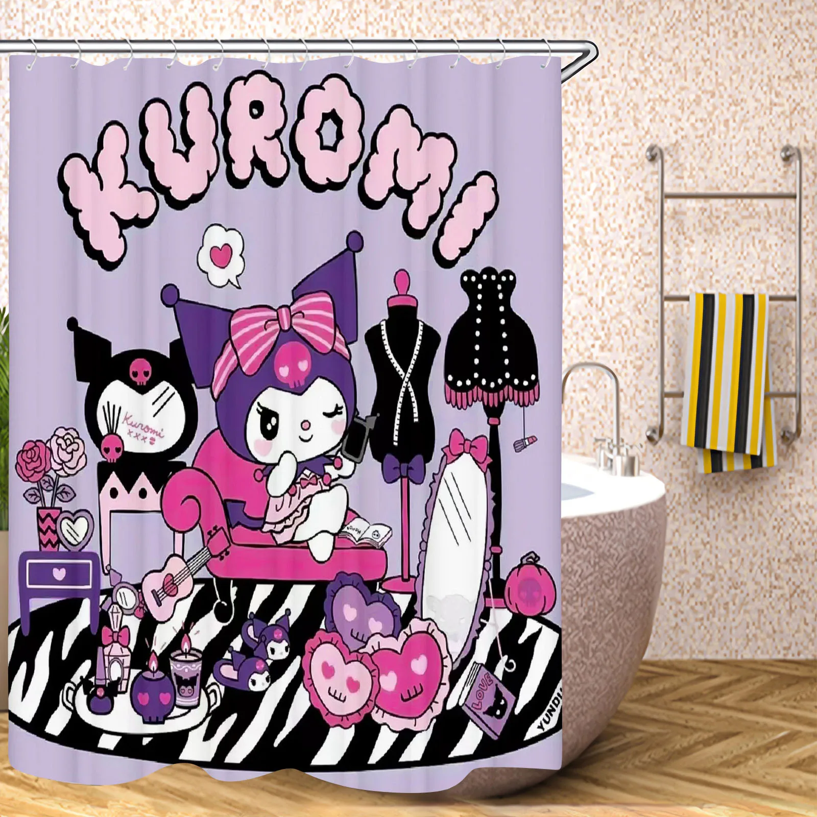 Black White Checkerboard Kuromi Shower Curtain Two Cute Characters Print Waterproof Bath Curtain Teen Girls Bathroom