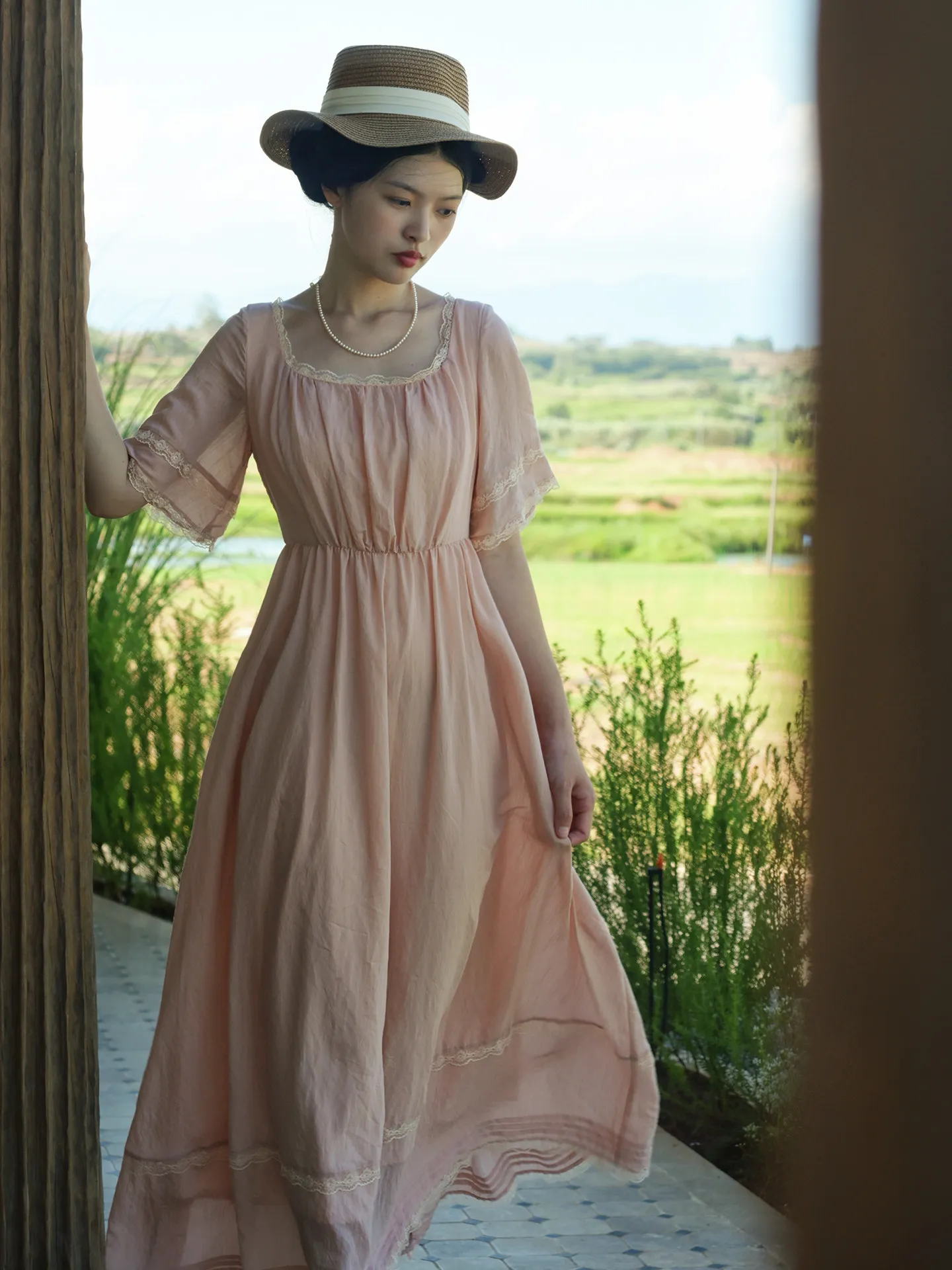 TIYIHAILEY Spring Summer Women Pink Dress Short Flare Sleeve Long Mid-calf Ladies Clothing S-L Vintage High Waist Square Collar