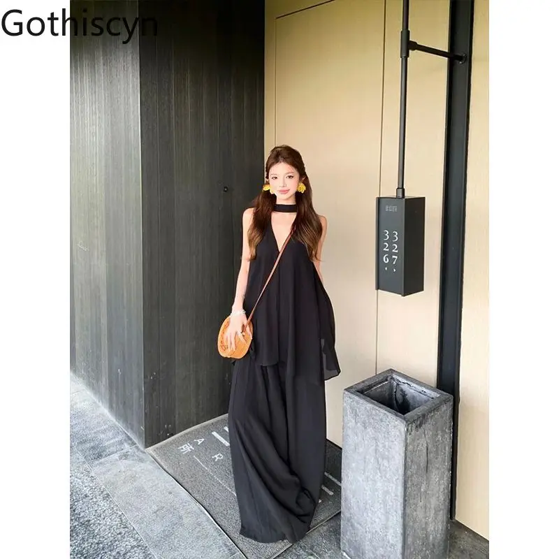 

Gothiscyn Casual Set Women's Summer Black V-neck Halter Neck Tank Top Wide Leg Pants Two-piece Set Fashion Female Clothes