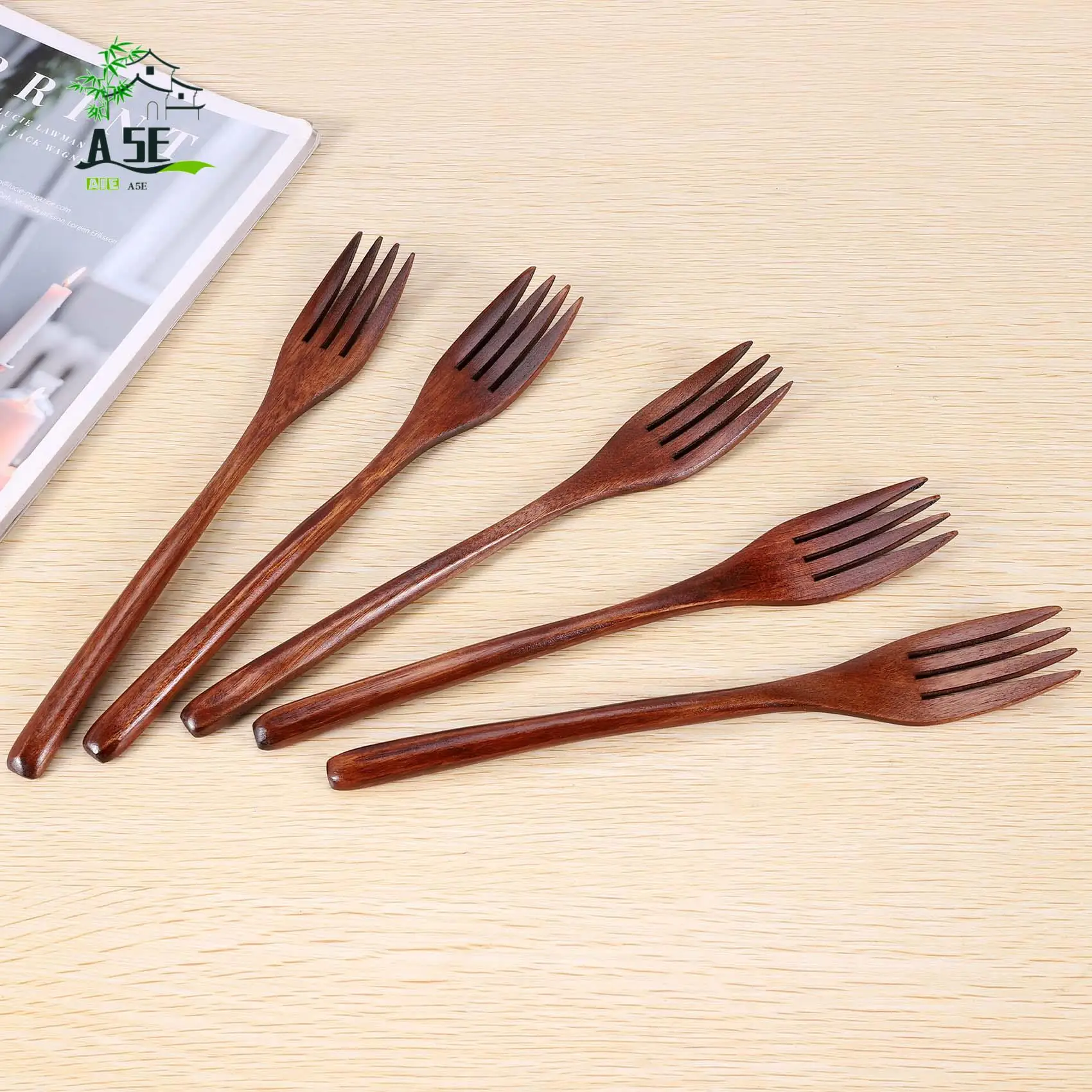 

A05E-Wooden Forks, 5 Pieces Eco-Friendly Japanese Wood Salad Dinner Fork Tableware Dinnerware For Kids Adult (5 Pieces No Rope W