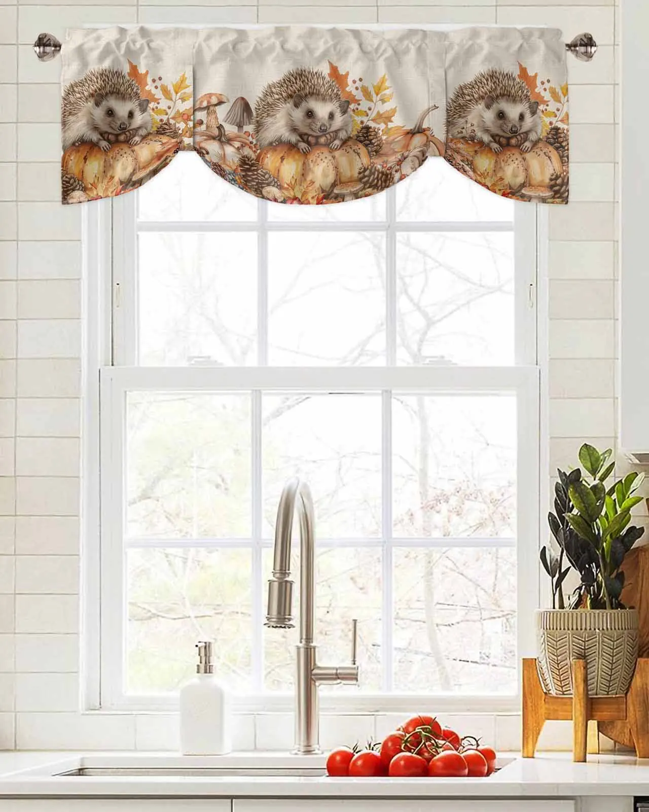 Fall Pumpkin Hedgehog Pine Cone Short Window Curtain Adjustable Tie Up Valance for Living Room Kitchen Window Drapes