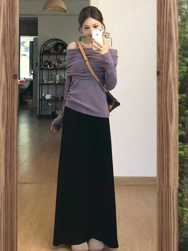 Purple Shoulder Bared Sweater Women's Autumn Winter Fashion Korean Style Small Size Inner Knitted Shirt Office Style Slim Fit...