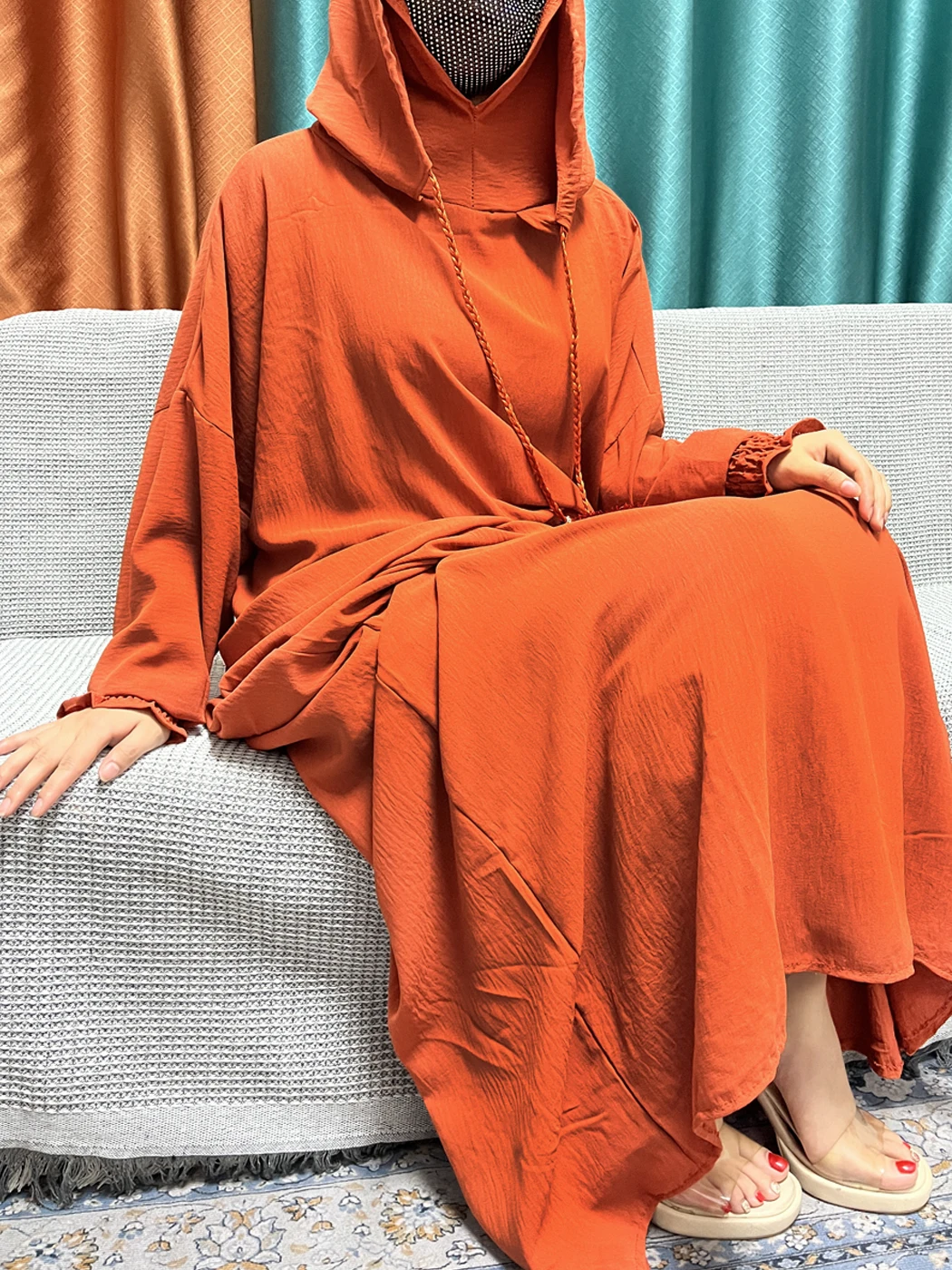 Abayas con capucha para mujer, vestido musulmán de manga larga, de algodón, de dos piezas, holgado, de Color sólido, africano, Dubai, Islam, 2024