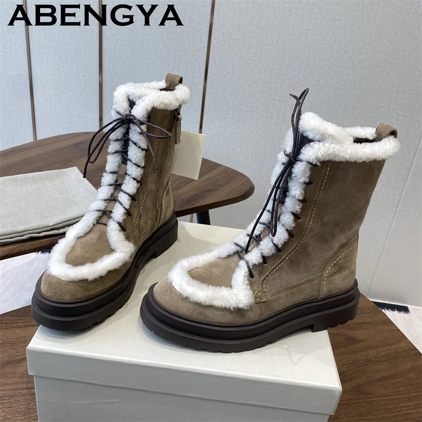 

Зимние ботинки с круглым носком на шнуровке и толстой подошвой с шерстяной окантовкой, женские замшевые ботильоны, 2025 г., зимние повседневные теплые женские ботинки в стиле панк