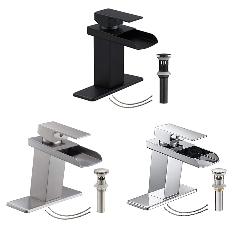 

Bathroom Sink Faucet Waterfall Spout Single Handle Single Hole Deck Mount Hot Cold Mixer Tap with Pop up Drain Water