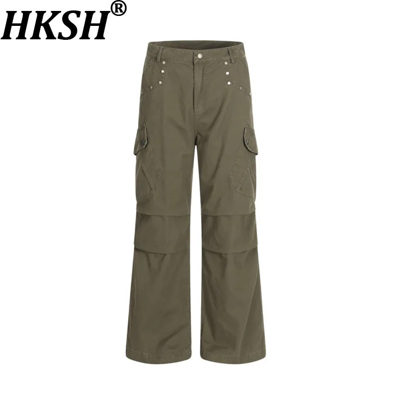 

HKSH Spring Autumn American Streetwear Fashion Trendy Large Pocket Rivet Design Unisex Flared Casual Chic Ins Cargo Pants HK8375