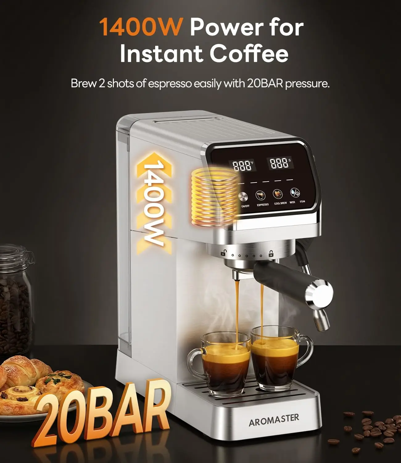Espresso Machine 20 Bar with Milk Frother, Easy to Use Compact Espresso Maker with Touchscreen, Fast Heat 1400W for Latte & Capp
