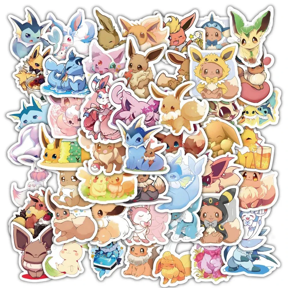 50pcs  Pokemon Eevee  Cute Cartoon Anime Stickers Graffiti Decals Laptop Motorcycle Scrapbook Phone Waterproof Sticker Toy