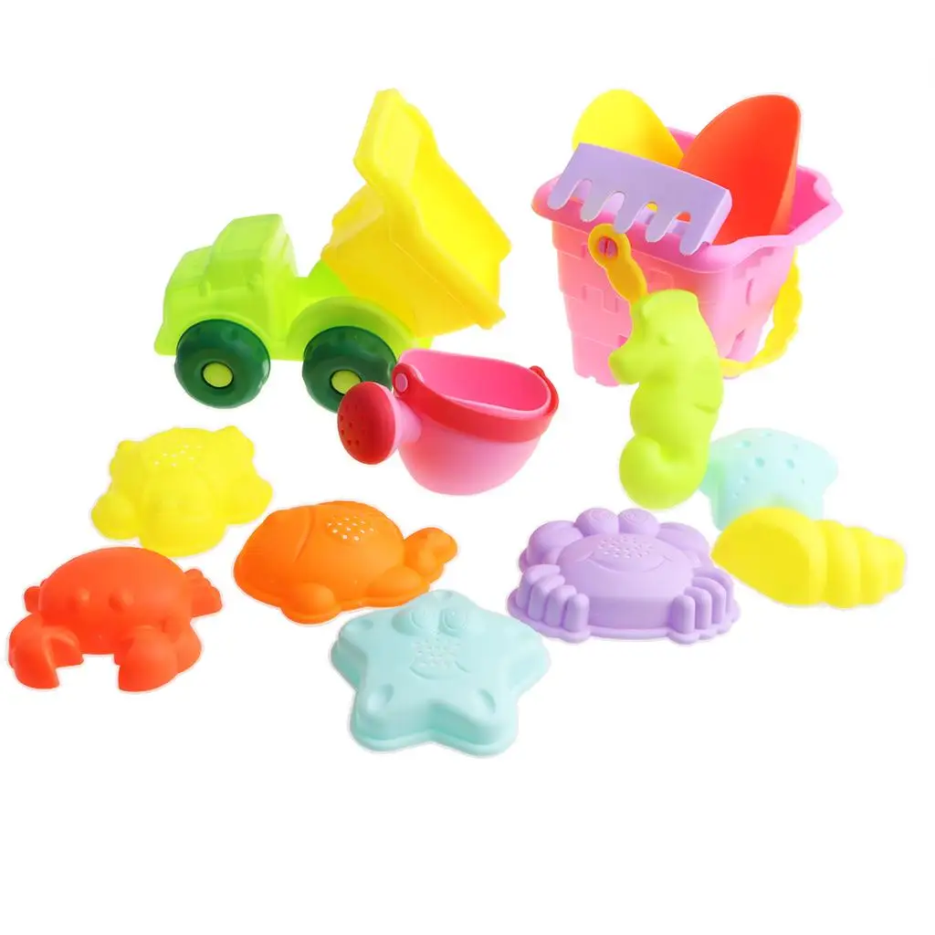 Set di giocattoli da 14 pezzi per bambini piccoli - Secchio quadrato, camion, pala, rastrello,