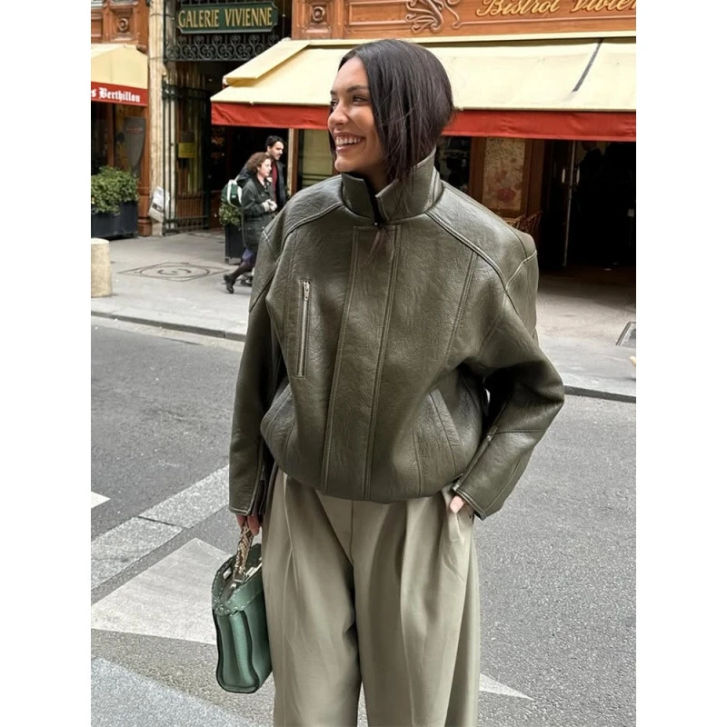グリーンパッチワークレザーショートジャケットスタンドカラー長袖ルーズミニコート女性のためのカジュアルデイリーストリートウェア秋の女性