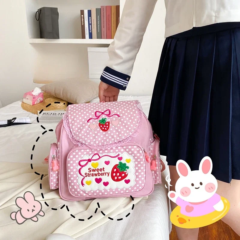 Kawaii детский школьный рюкзак с милой клубничной вышивкой, студенческий Mochila в горошек, нейлоновый модный рюкзак с несколькими карманами для девочек-подростков