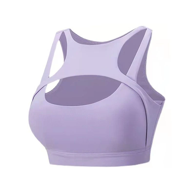 Camisola de ioga feminina com pescoço redondo oco, regata sem mangas, cueca com almofada no peito, esportes fitness, top à prova de choque