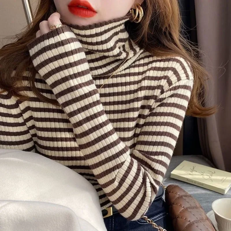 

Autumn Winter Women Korean Fashion Striped High Collar Basic Knitted Sweater Y2K Female Long Sleeve Slim All Match Pullover Tops