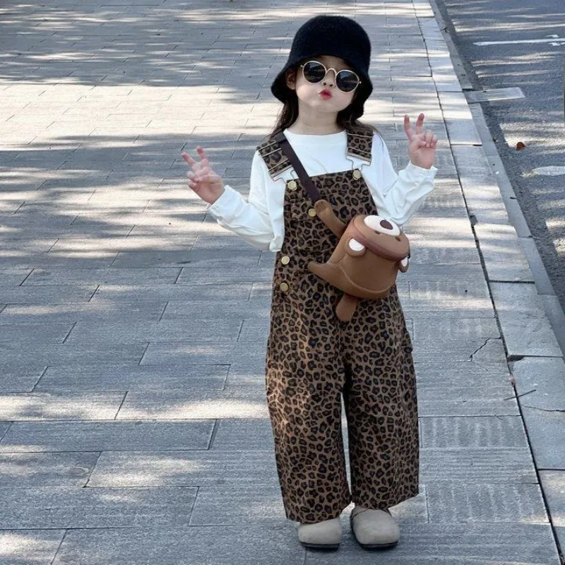 Girls Leopard Print Overalls New Kids Fashion Suspenders Jumpsuit Spring Autumn Trendy Long Pants
