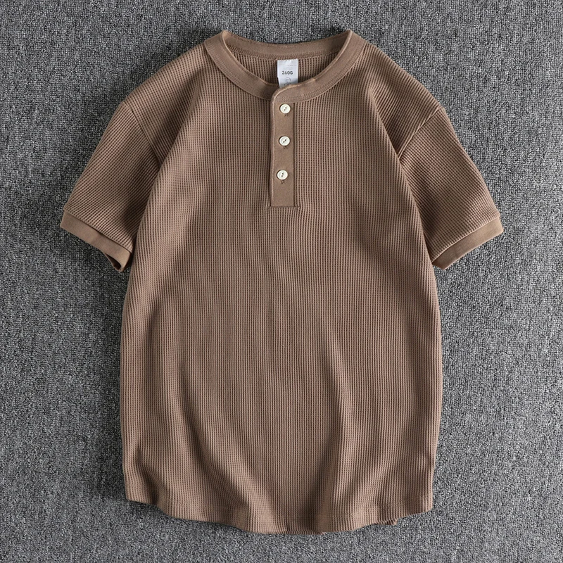 

2302# Summer New American Retro Waffle Henry Collar T-shirt Men's Fashion Simple Washed Short Sleeve Casual Loose Sport Tops