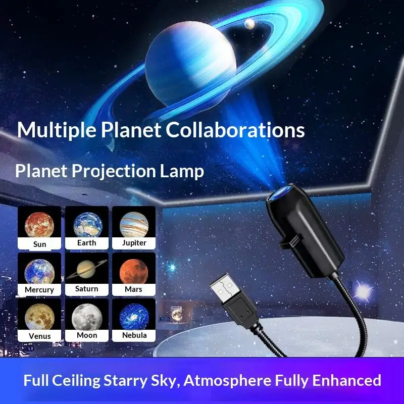 (Ce14)USB Starry Sky Projector Lamp 360° Rotatable Hose Planet Galaxy Projection Light With 3/6/10Pc Film Slides Bedroom