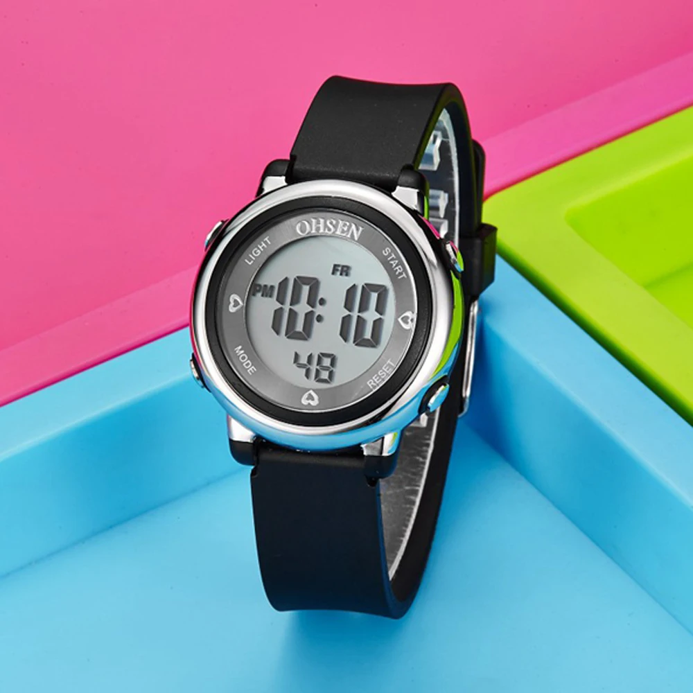 OHSEN Women Watches Digital LCD Watch Black Silicone Strap Kids Children Waterproof Wristwatch Sport Electronic relogio feminino