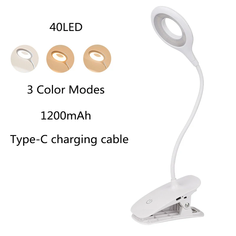 Circular Clip Small Table Lamp Rechargeable Desk Lamp Reading Book Night Light 3 Modes Dimming Eye Protection Bedside Lamp