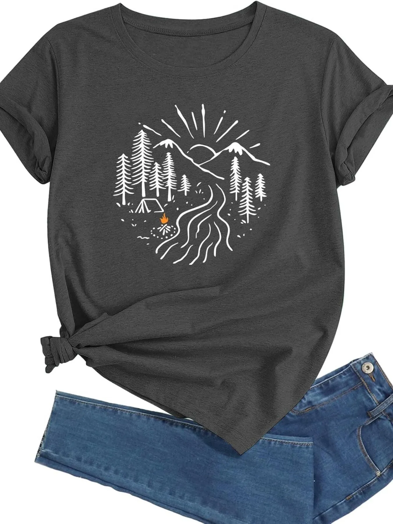 

plus size women's short sleeve T-shirt Mountain Forest Campfire Trail Sun Everyday comfortable versatile style summer outfit