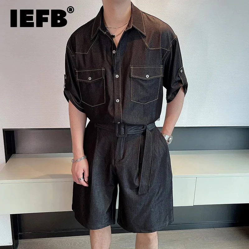

IEFB Summer Men Set Drape Short Sleeve Shirt Lace-up Shorts Business Casual Two-piece Suit Male 2024 New Trendy 9C6444