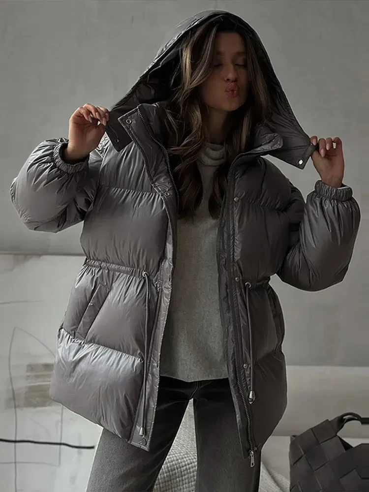 Women Winter Fashion Drawstring Waist-closed Thick Jackets Female 2026 Lady Street Outerwear Warm Hooded Padded Cotton Coats