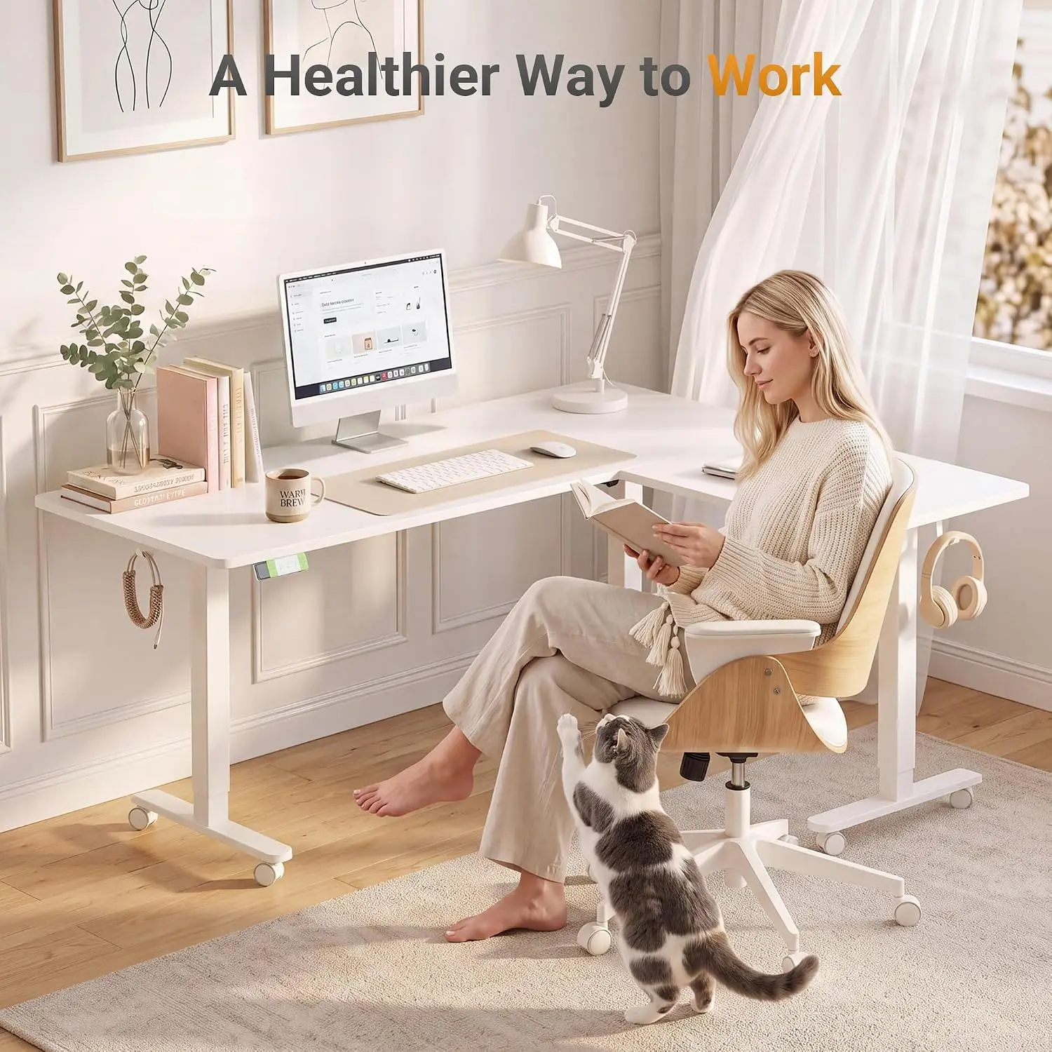 L Shaped Standing Desk Adjustable Height Electric Sit Stand Workstation 63x55 Inch White, Customized