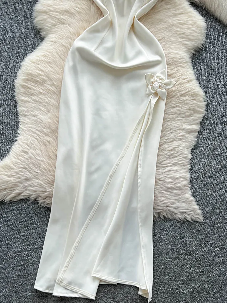 فستان نسائي فاخر من الساتان بتصميم صيفي أنيق مع شق عند الخصر ورباطات بدون أكتاف، تنورة طويلة على الطراز الكوري، مثالي للتنقل ...