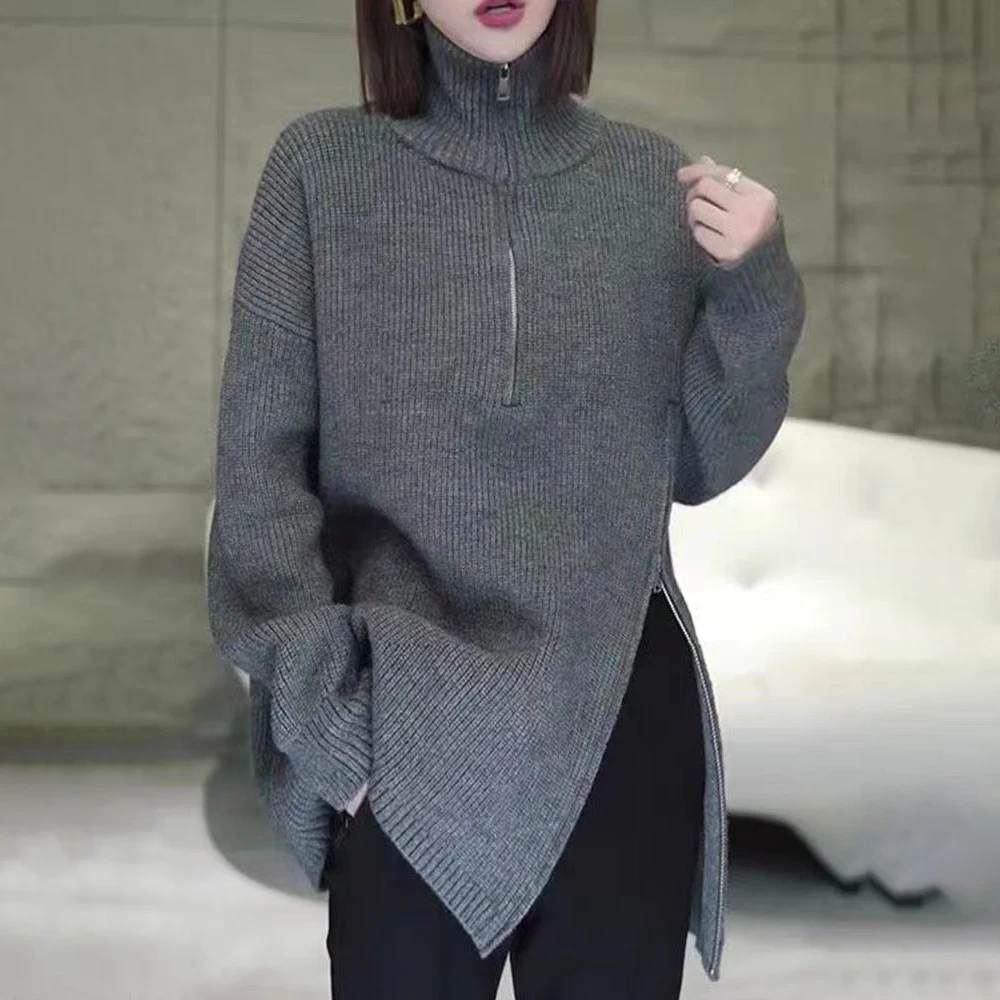 Half Zip Turtleneck Knit Sweater Women Long Sleeve Side Zipper Split Hem Loose Solid Warm Autumn Winter Pullover Jumper Top