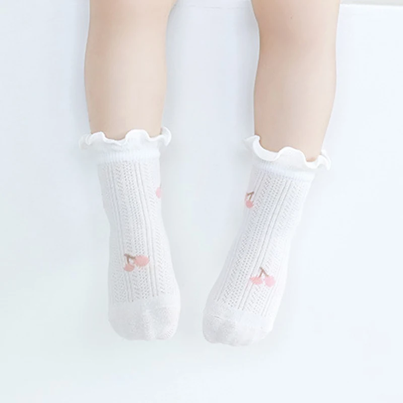 Baby Socks for Girls Toddler Flower Cherry Print Anti-Skid Cute Mid-Calf Socks Summer Super Thin Mesh Kids Socks 0-5Years