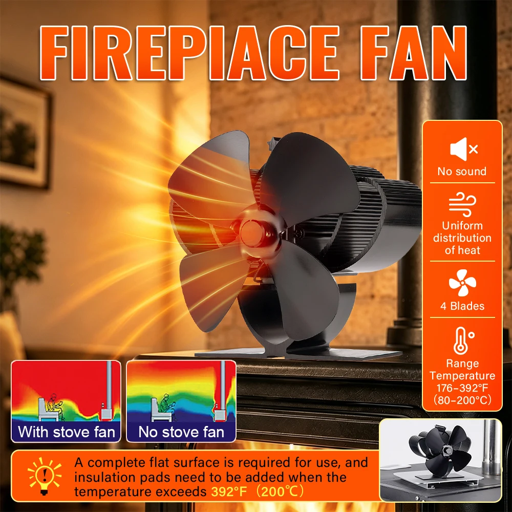 4 Blade Mini Fireplace Fan Heat Powered Stove Fan Log Wood Burner Eco Quiet  Heater Winter Home Warm Efficient Heat Distribution