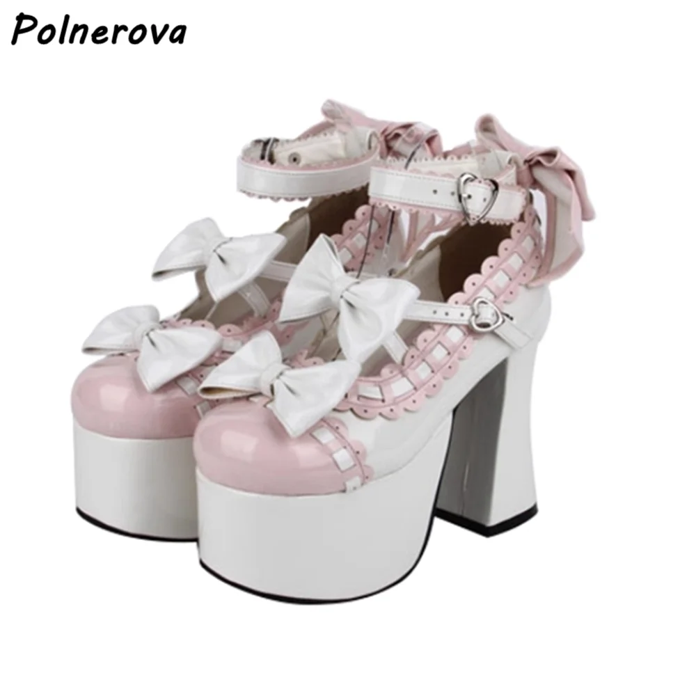 Lace Butterfly Knot Sewing Pumps White Pink Bows Heart Buckle Platform Shallow Shoes Sweet Lovely Round Toe Lolita Cosplay Shoes