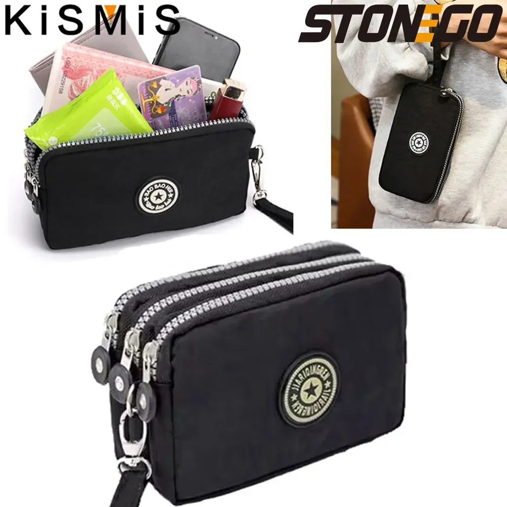 Three-layer Zipper High Capacity Solid Color Coin Purse Men Women Waterproof Handbag Small Wallet Phone Portable Make Up Bag