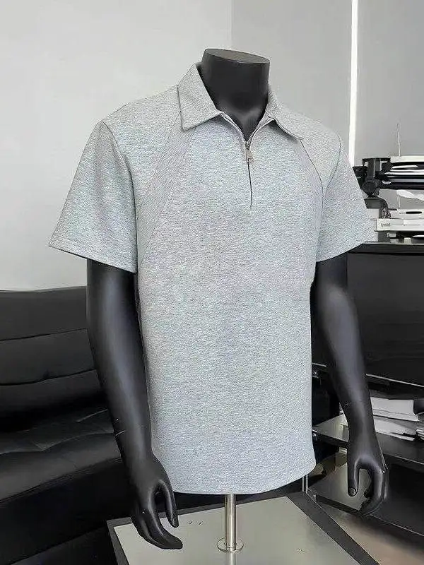 

ay irt f Zipper Patchwork Collar ort Sve Men's Summer Heavyweight T-irt oulder Length f Sve Casual...