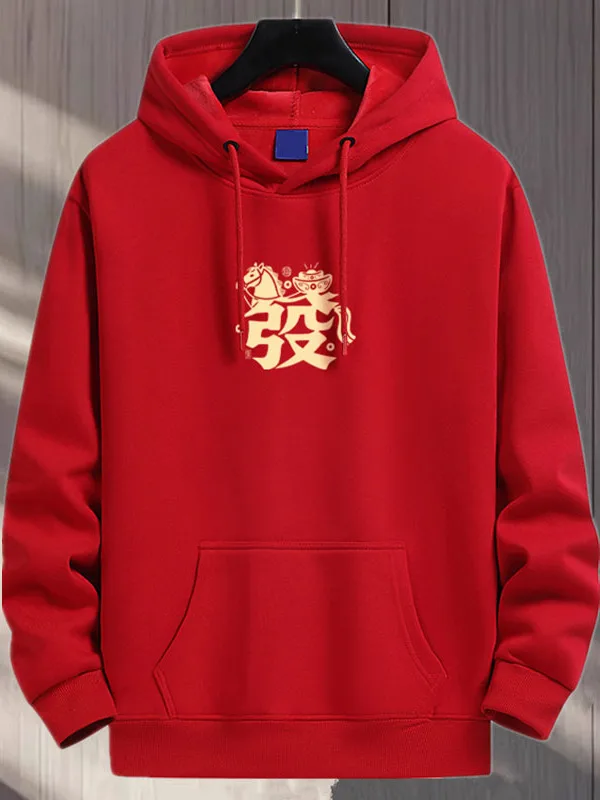 

Large Size Red Hoodie Sweatirt for Men Couple New Year Celebration Year Print Cotton Long Sve Anti-Wrinkle Sweatirt
