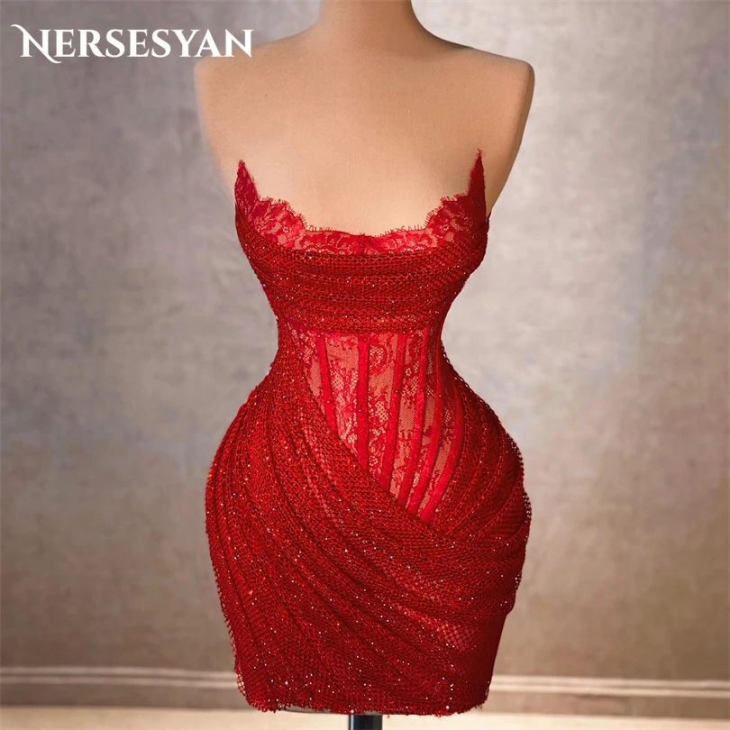 Nersesyan Mini Tulle Sleevesless Formal Evening Gowns Sexy Lace Appliques Prom Dresses Glitter Cocktail Graduation Dress 2023