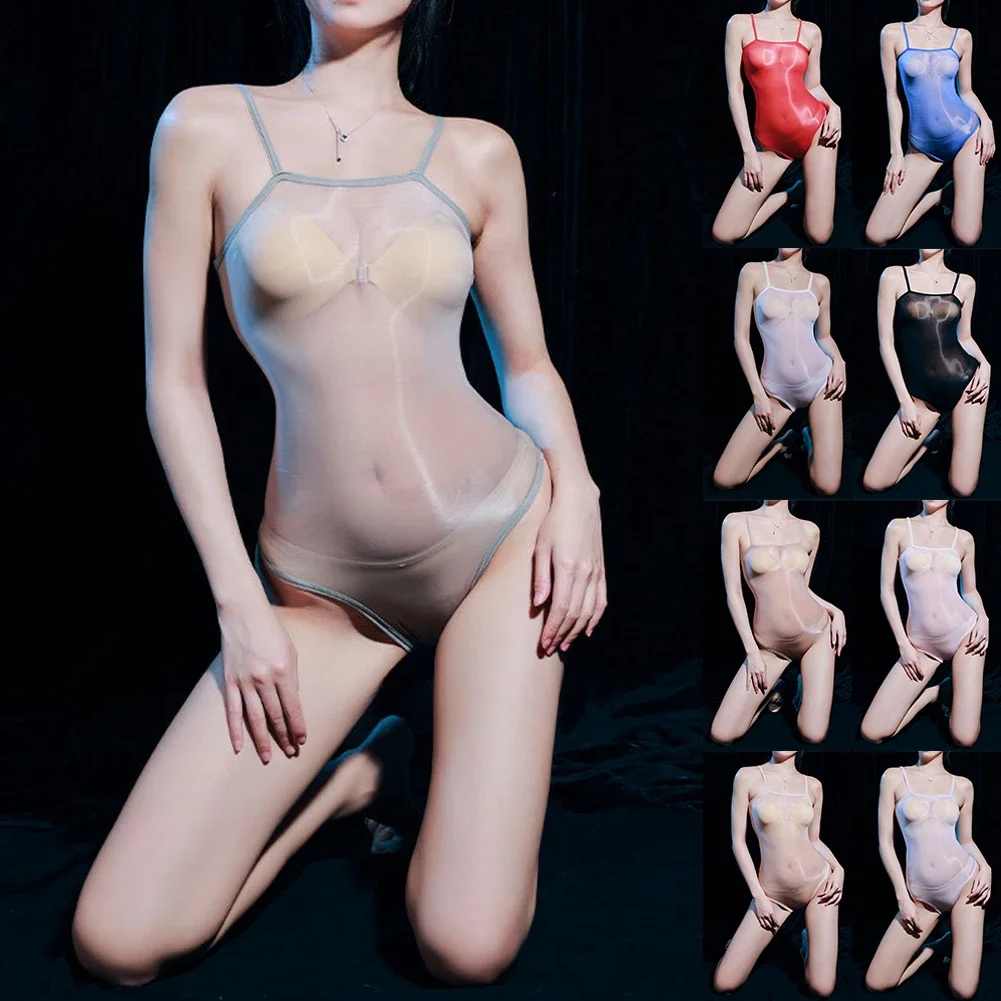 ชุดบอดี้สูทน้ำมันเงาวาวสำหรับผู้หญิงชุดชั้นในรัดรูปซีทรูแบบแนบเนื้อ