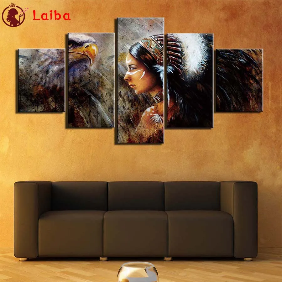 

5D DIY Diamond Painting Abstract art, retro indian woman, eagle cross stitch full square/round diamond mosaic embroidery5pcs